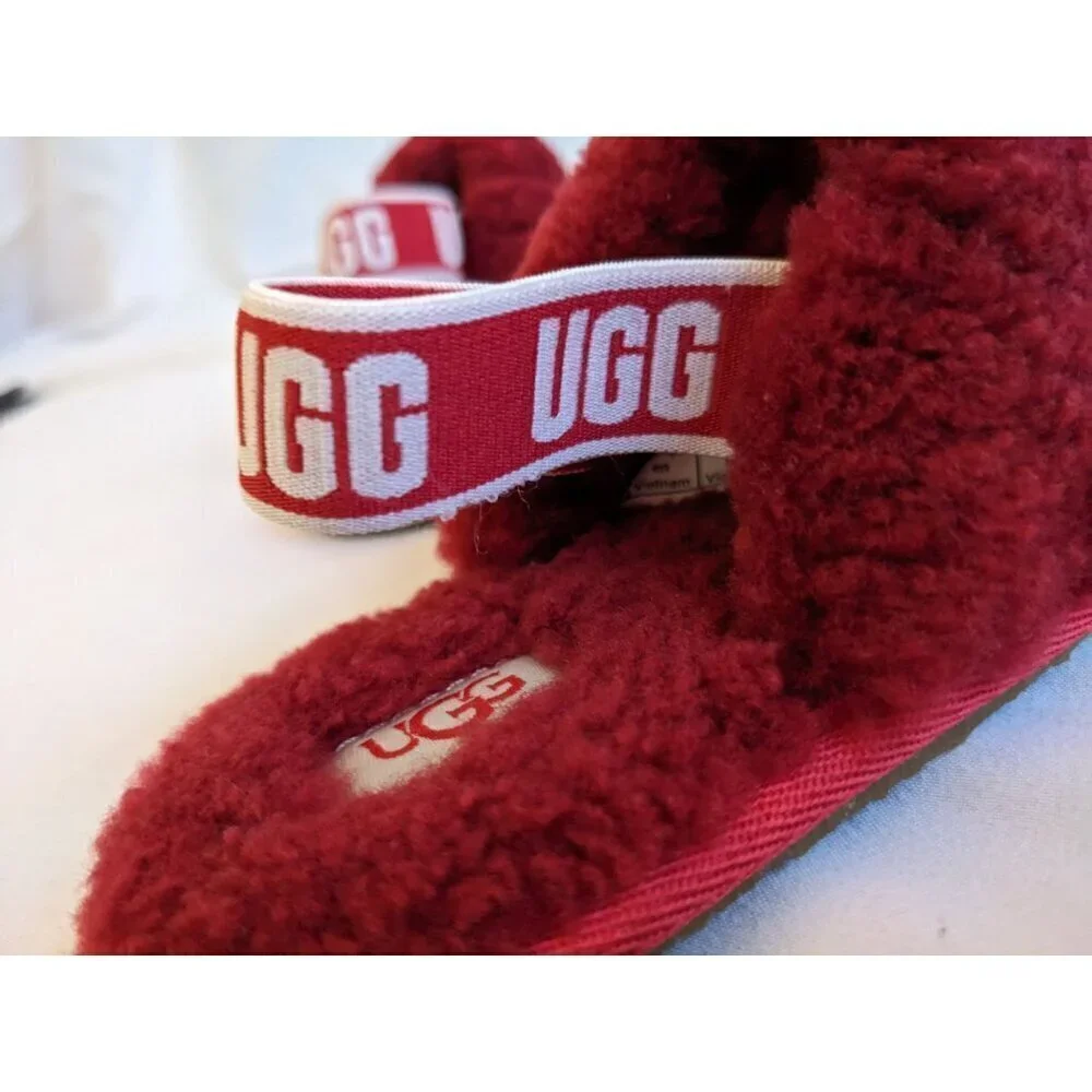 NWOT UGG Kids Fluff Yeah Sling-back Slides Ribbon Red Genuine Shearling